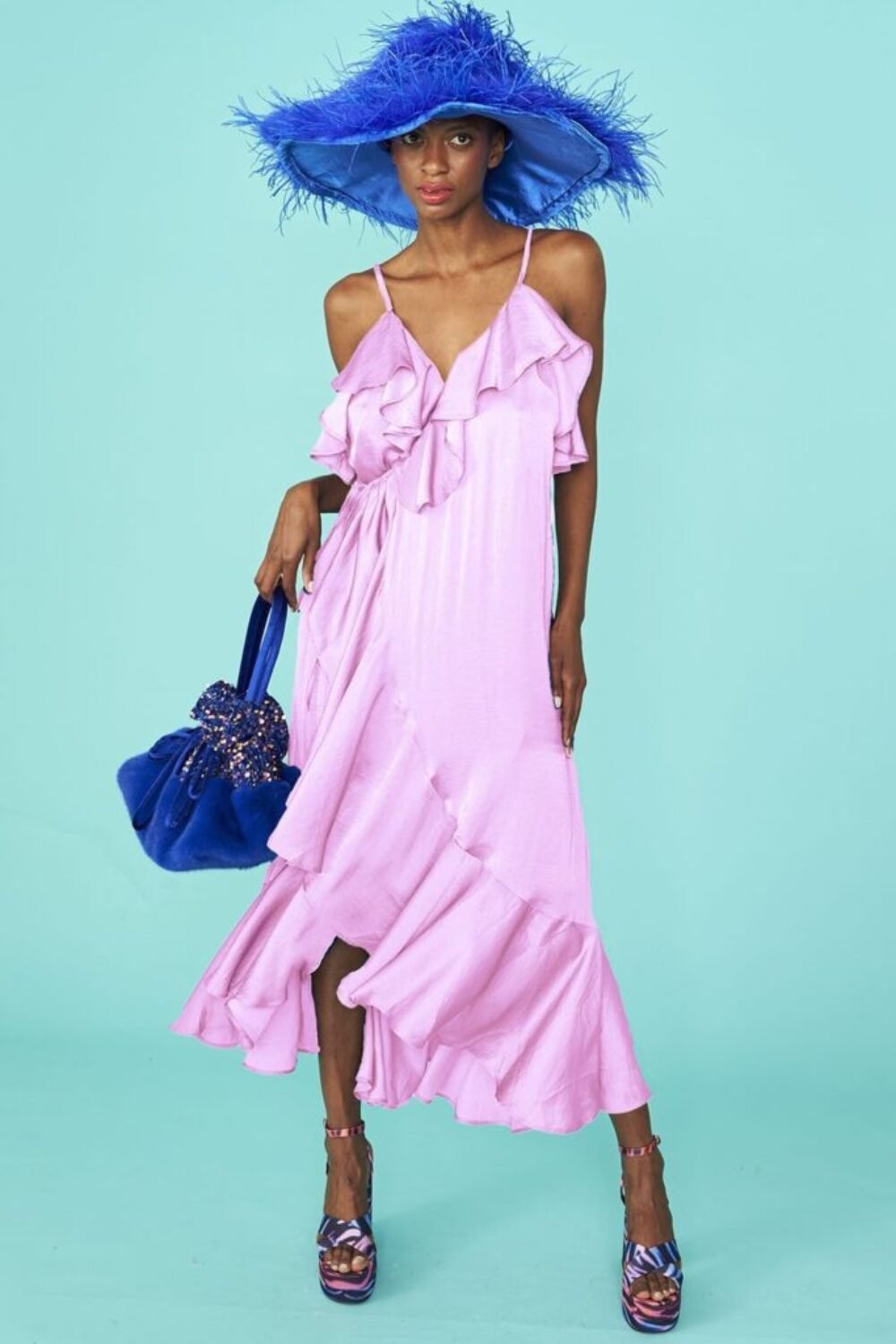 Shop Lux Pink Silk Blend Maxi Wrap Ruffle Dress and women's luxury and designer clothes at www.lux-apparel.co.uk