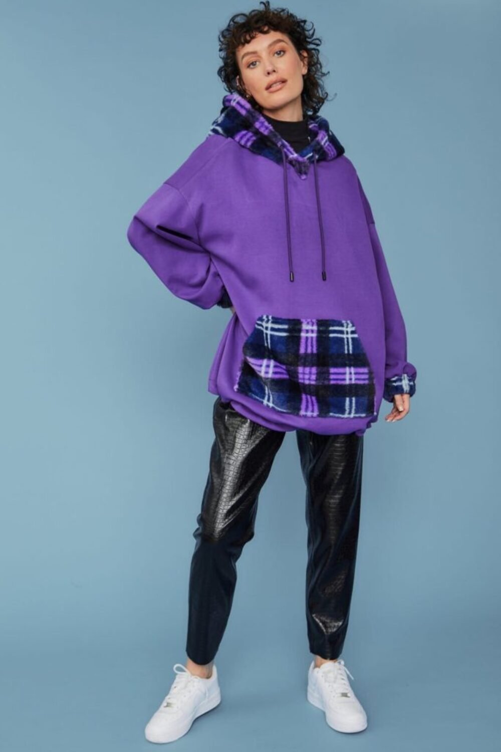 Shop Lux Purple Check Faux Fur Hooded Jacket and women's luxury and designer clothes at www.lux-apparel.co.uk