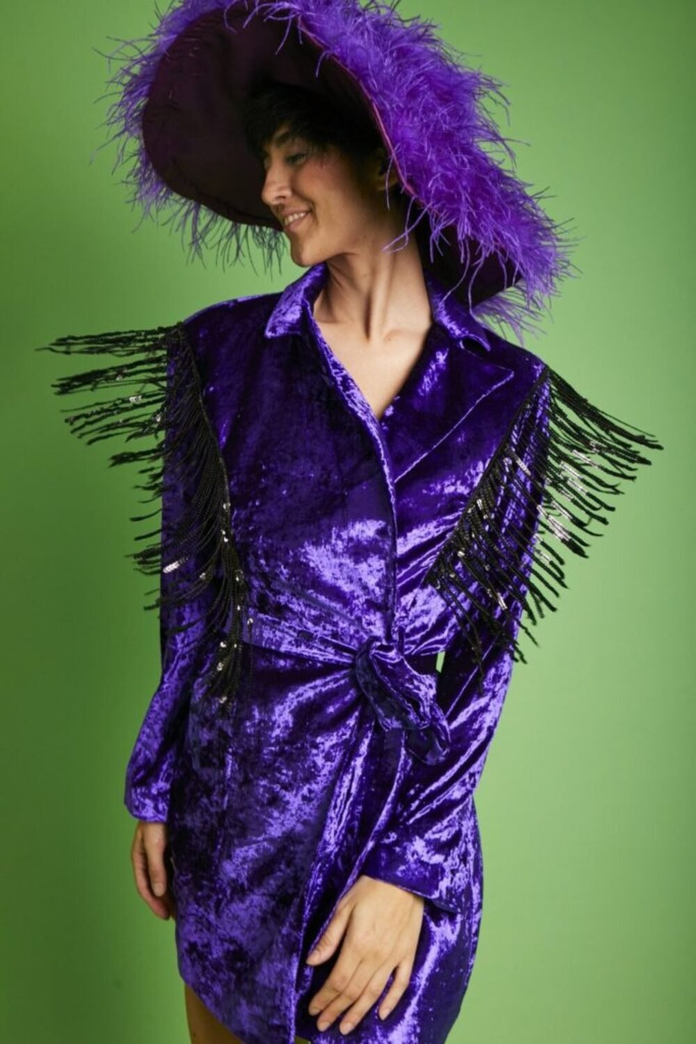 Shop Lux Purple Crushed Velvet Blazer dress with Sequin Tassels and women's luxury and designer clothes at www.lux-apparel.co.uk