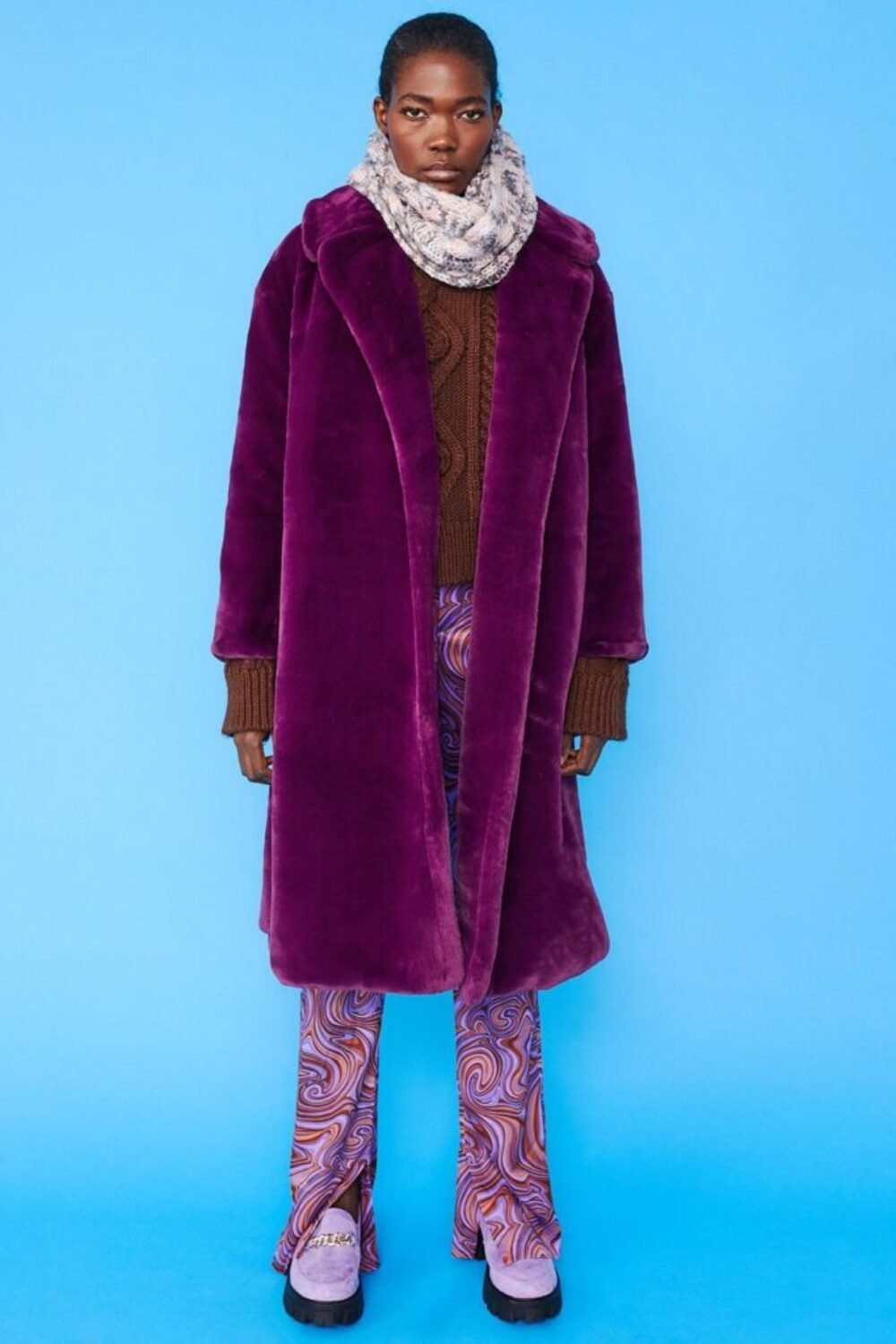 Shop Lux Purple Faux Fur Midi Shaved Shearling Coat and women's luxury and designer clothes at www.lux-apparel.co.uk