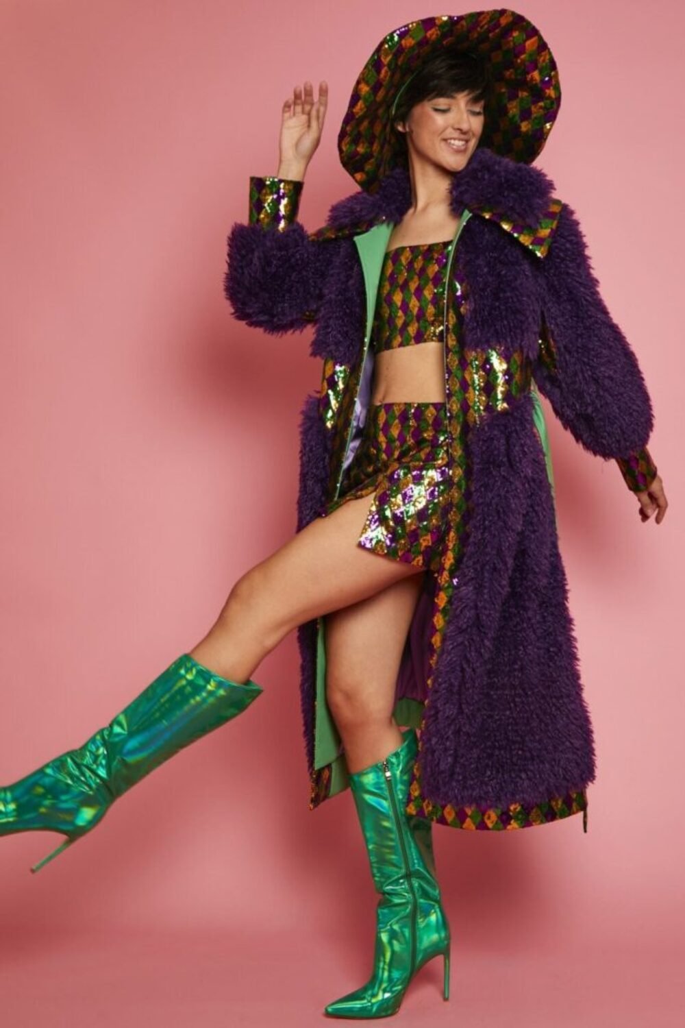 Shop Lux Purple Knitted Bamboo Eco Mongolian Coat and women's luxury and designer clothes at www.lux-apparel.co.uk