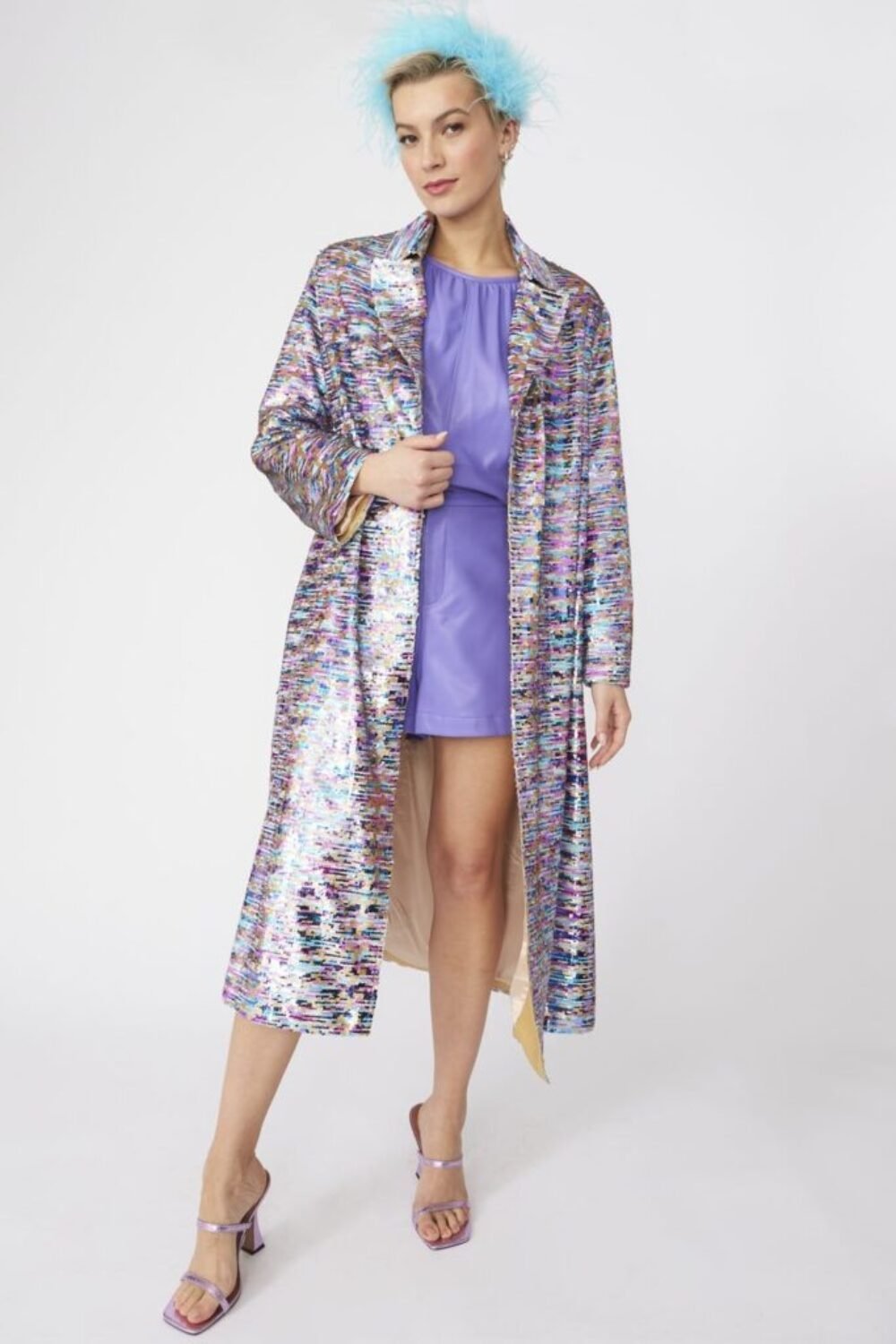 Shop Lux Purple Multi Coloured Sequin Trench Coat and women's luxury and designer clothes at www.lux-apparel.co.uk