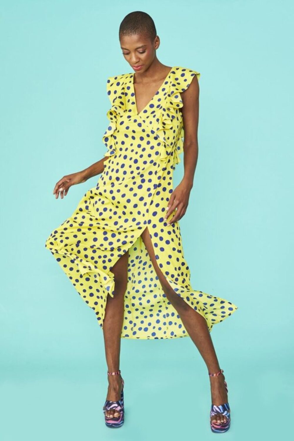 Shop Lux Rayon Polka Dot Ruffled Mid Parma Dress and women's luxury and designer clothes at www.lux-apparel.co.uk