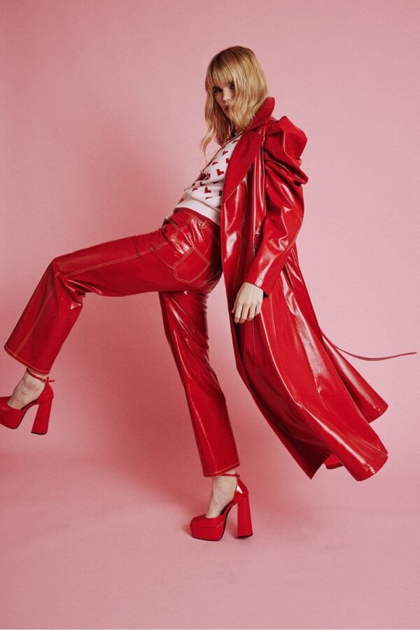Shop Lux Red Eco Leather Grande Trench Coat and women's luxury and designer clothes at www.lux-apparel.co.uk