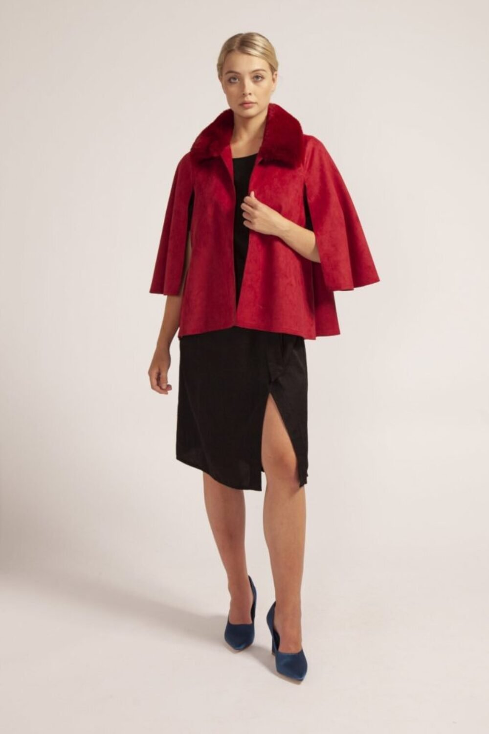Shop Lux Red Faux Fur and Faux Suede Cape Jacket and women's luxury and designer clothes at www.lux-apparel.co.uk