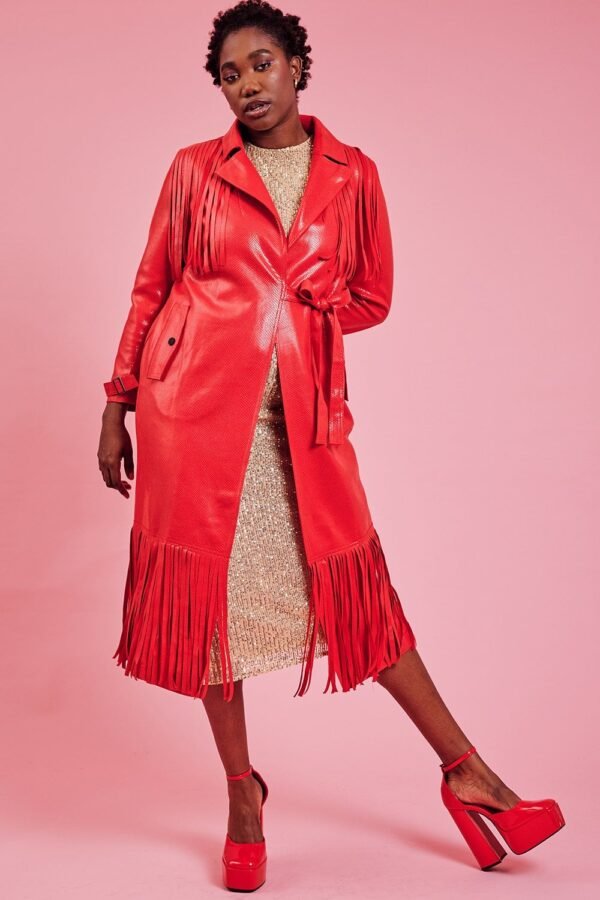 Shop Lux Red Faux Suede Tasseled Trench Coat and women's luxury and designer clothes at www.lux-apparel.co.uk