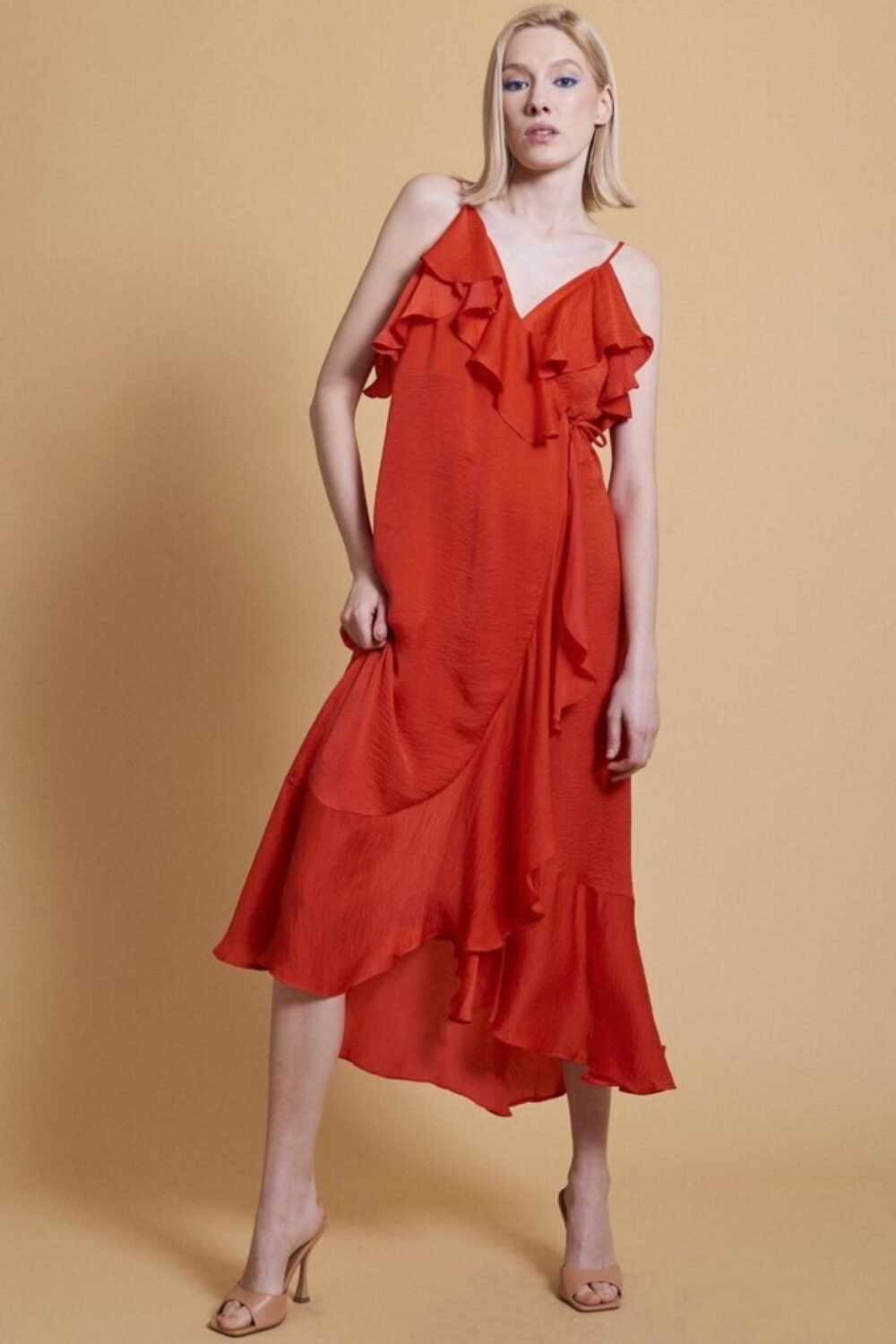 Shop Lux Red Silk Blend Maxi Wrap Ruffle Dress and women's luxury and designer clothes at www.lux-apparel.co.uk