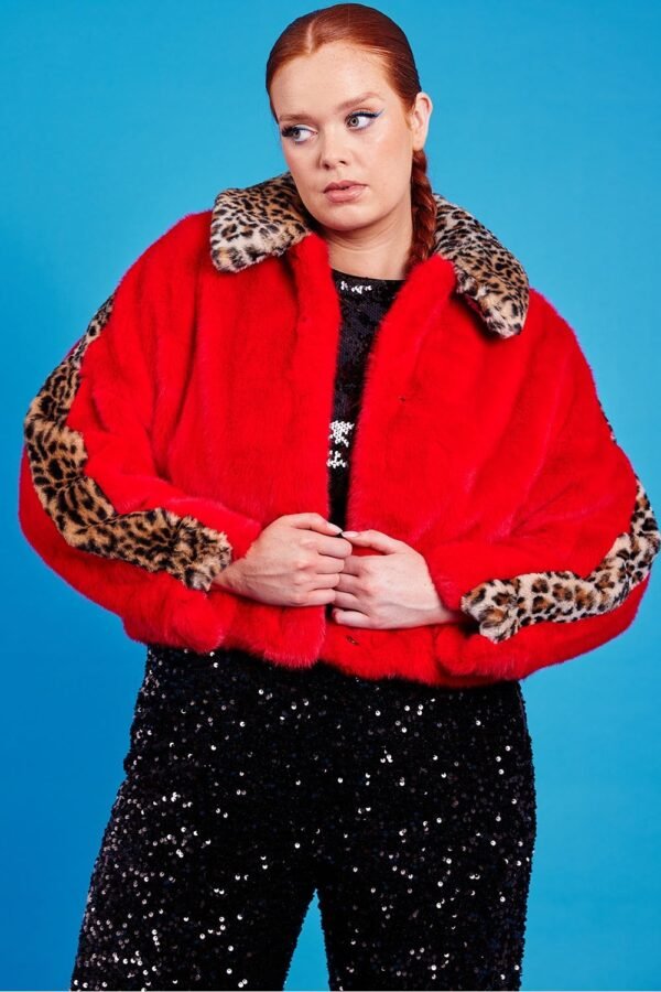 Shop Lux Red and Leopard Print Faux Fur Coat and women's luxury and designer clothes at www.lux-apparel.co.uk