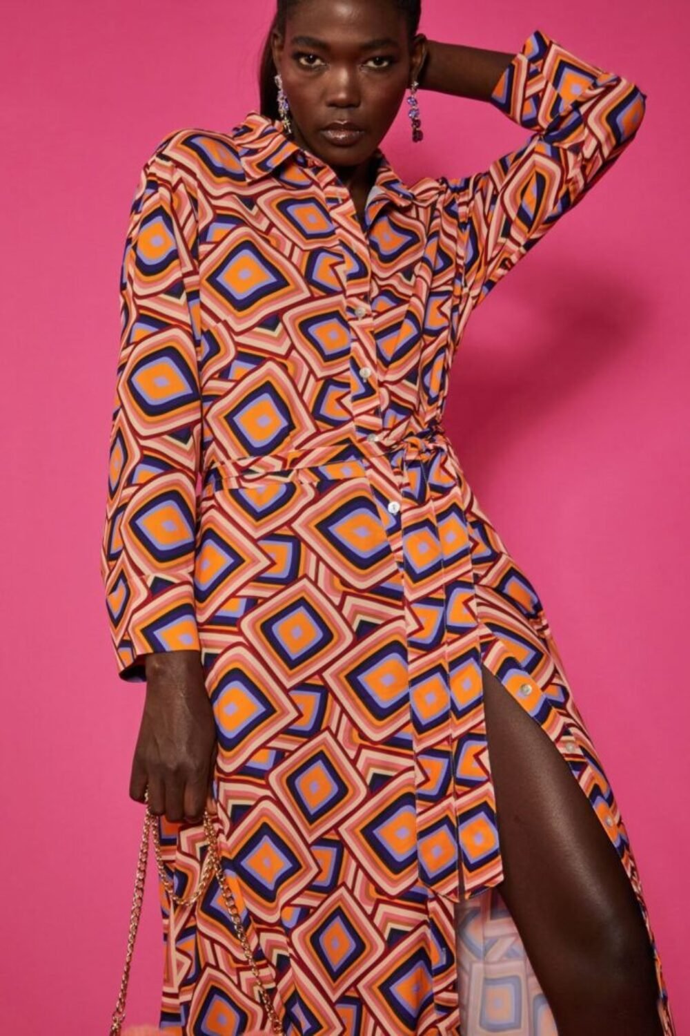 Shop Lux Silk Blend Maxi Shirt Dress in Geometric Print and women's luxury and designer clothes at www.lux-apparel.co.uk
