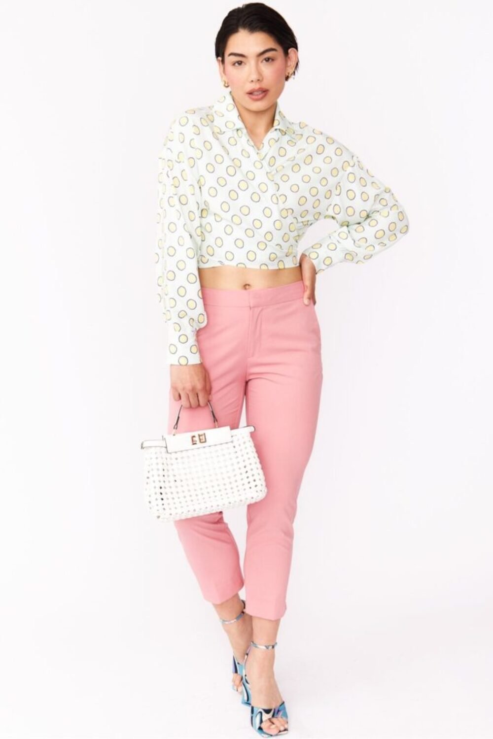 Shop Lux Sustainable Rose Petal Blouse with Spots in baby blue and women's luxury and designer clothes at www.lux-apparel.co.uk