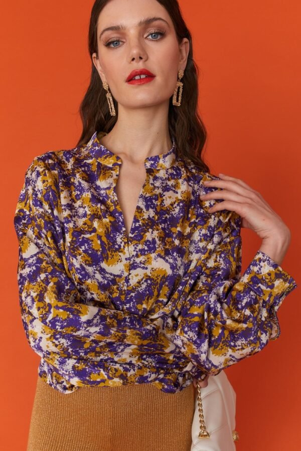 Shop Lux Tie Dye Silk Blend Blouse in Purple and Yellow and women's luxury and designer clothes at www.lux-apparel.co.uk