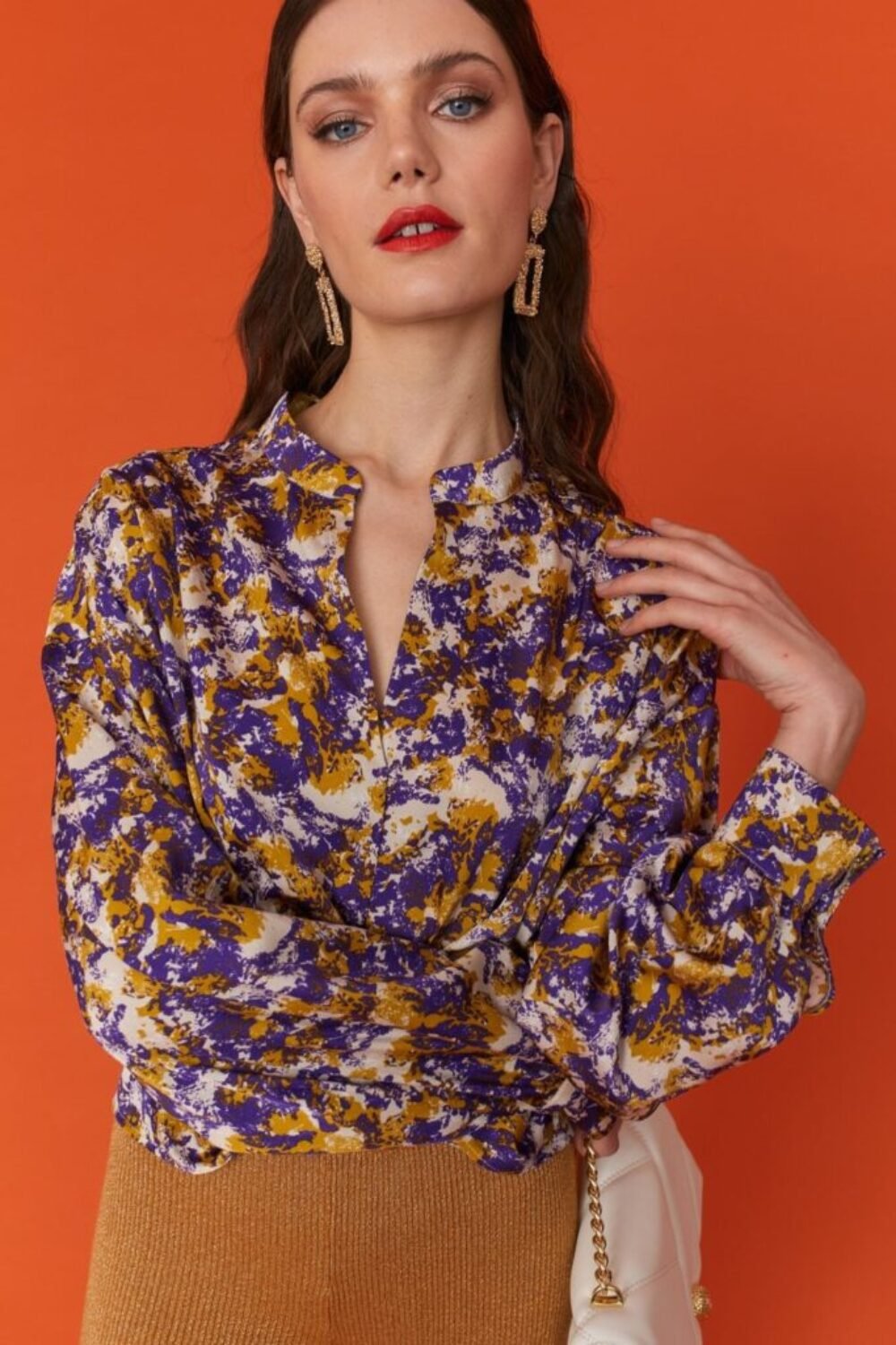 Shop Lux Tie Dye Silk Blend Blouse in Purple and Yellow and women's luxury and designer clothes at www.lux-apparel.co.uk