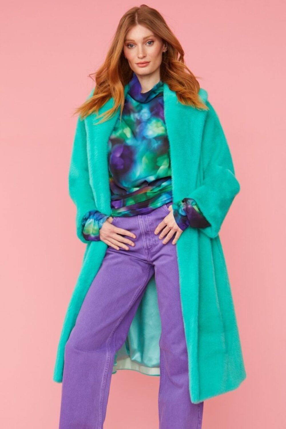 Shop Lux Turquoise Faux Fur Midi Coat and women's luxury and designer clothes at www.lux-apparel.co.uk