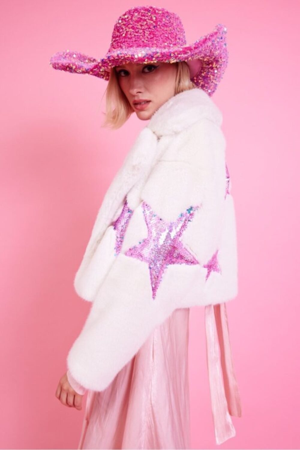Shop Lux White Bamboo Faux Fur Sequins Star Jacket and women's luxury and designer clothes at www.lux-apparel.co.uk