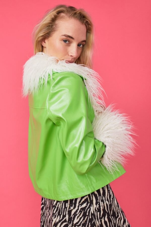 Shop Lux White Faux Leather Biker Jacket with Mongolian fur Cuffs and Collar and women's luxury and designer clothes at www.lux-apparel.co.uk