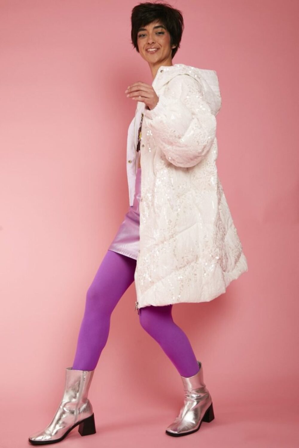 Shop Lux White Sequin Puffer Down Coat and women's luxury and designer clothes at www.lux-apparel.co.uk