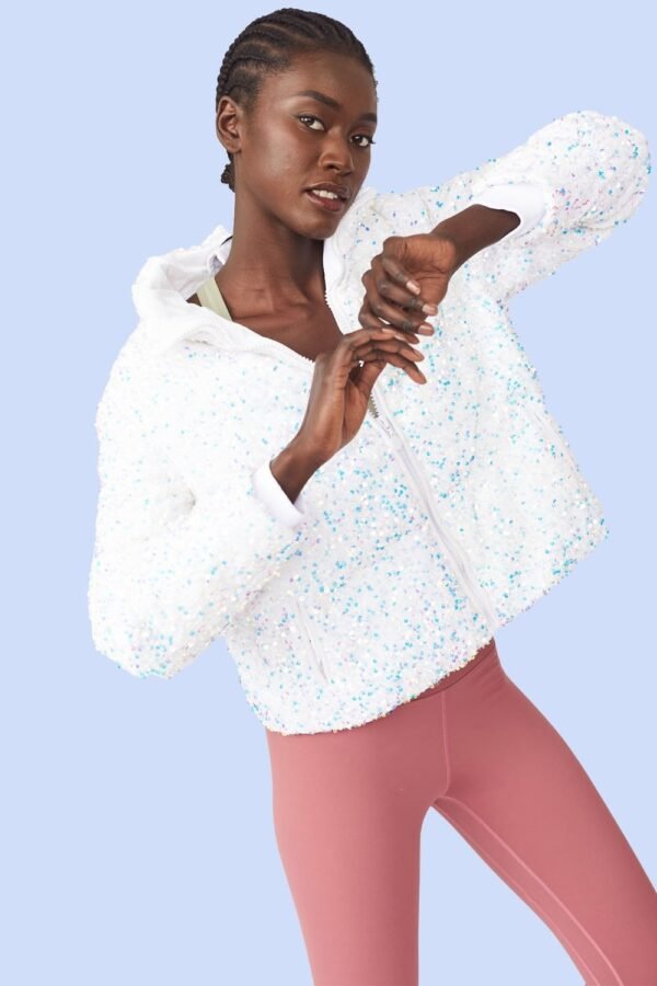 Shop Lux White Sequin Puffer Jacket and women's luxury and designer clothes at www.lux-apparel.co.uk