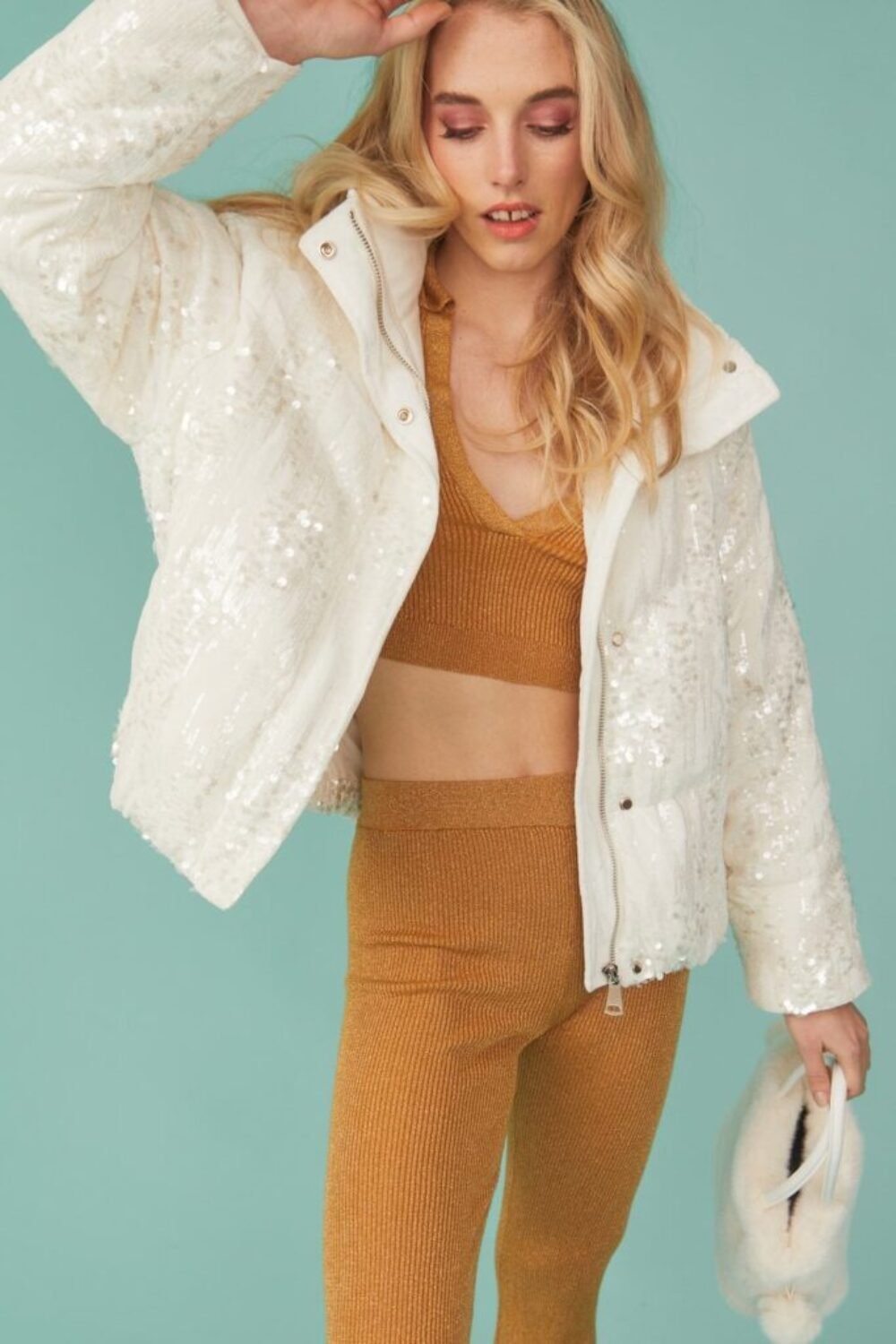 Shop Lux White Sequin Puffer Jacket and women's luxury and designer clothes at www.lux-apparel.co.uk