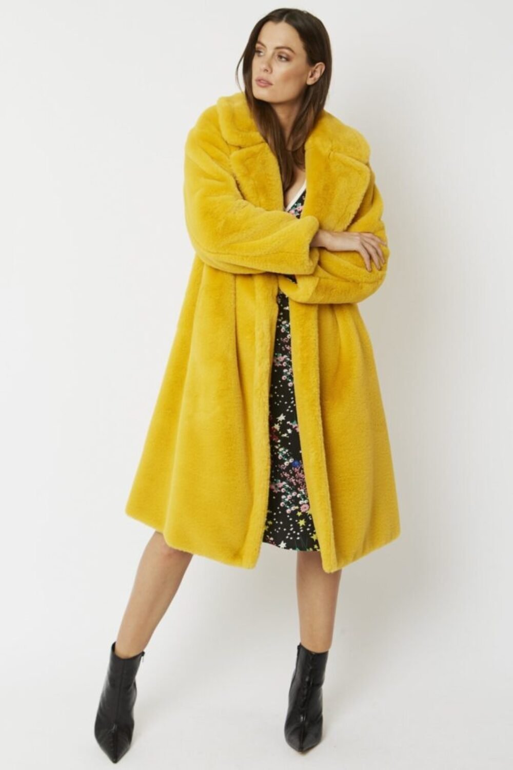 Shop Lux Yellow Faux Fur Midi Shaved Shearling Coat and women's luxury and designer clothes at www.lux-apparel.co.uk