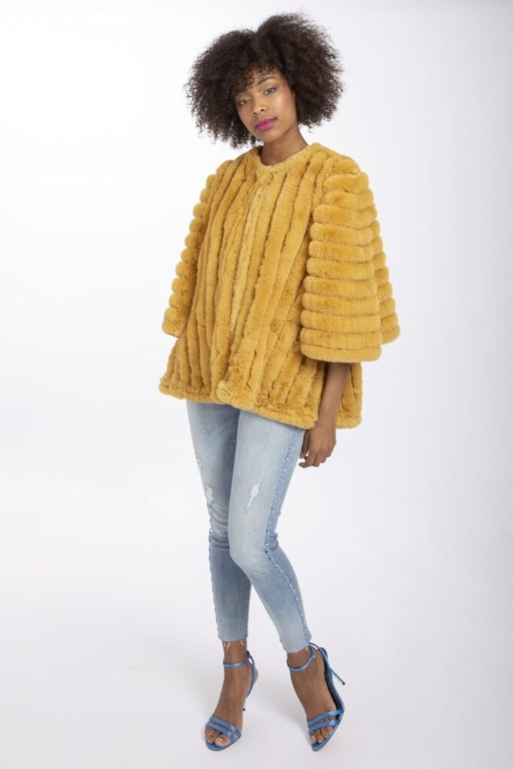 Shop Lux Yellow Faux Fur Striped Coat and women's luxury and designer clothes at www.lux-apparel.co.uk
