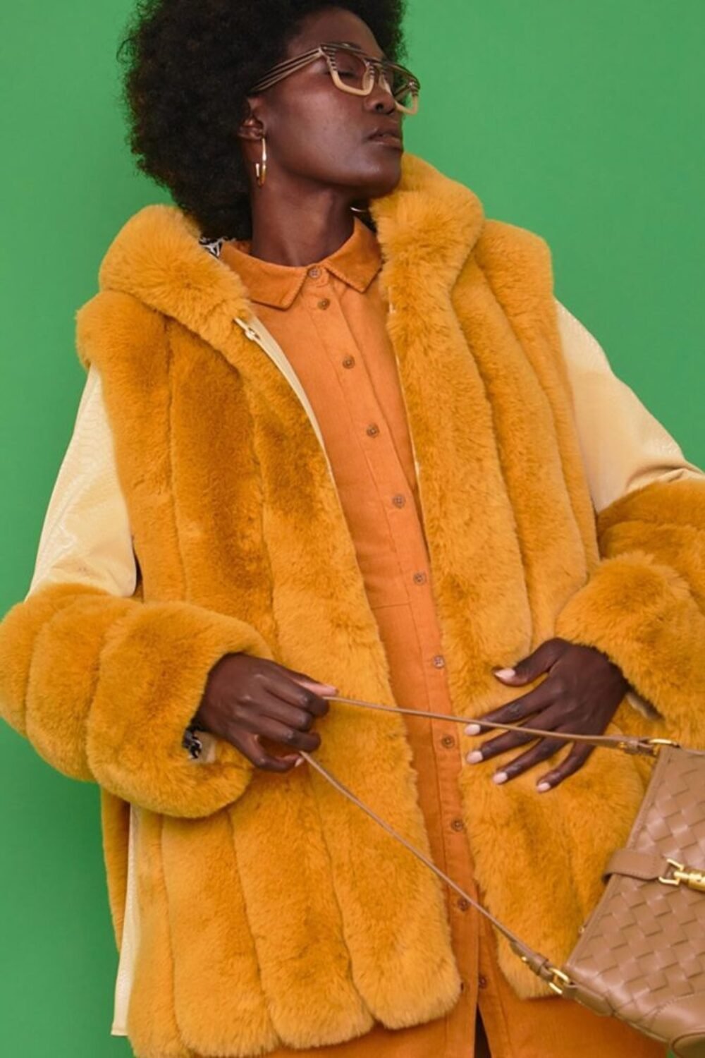 Shop Lux Yellow Faux Fur and Faux Leather Panelled Coat and women's luxury and designer clothes at www.lux-apparel.co.uk