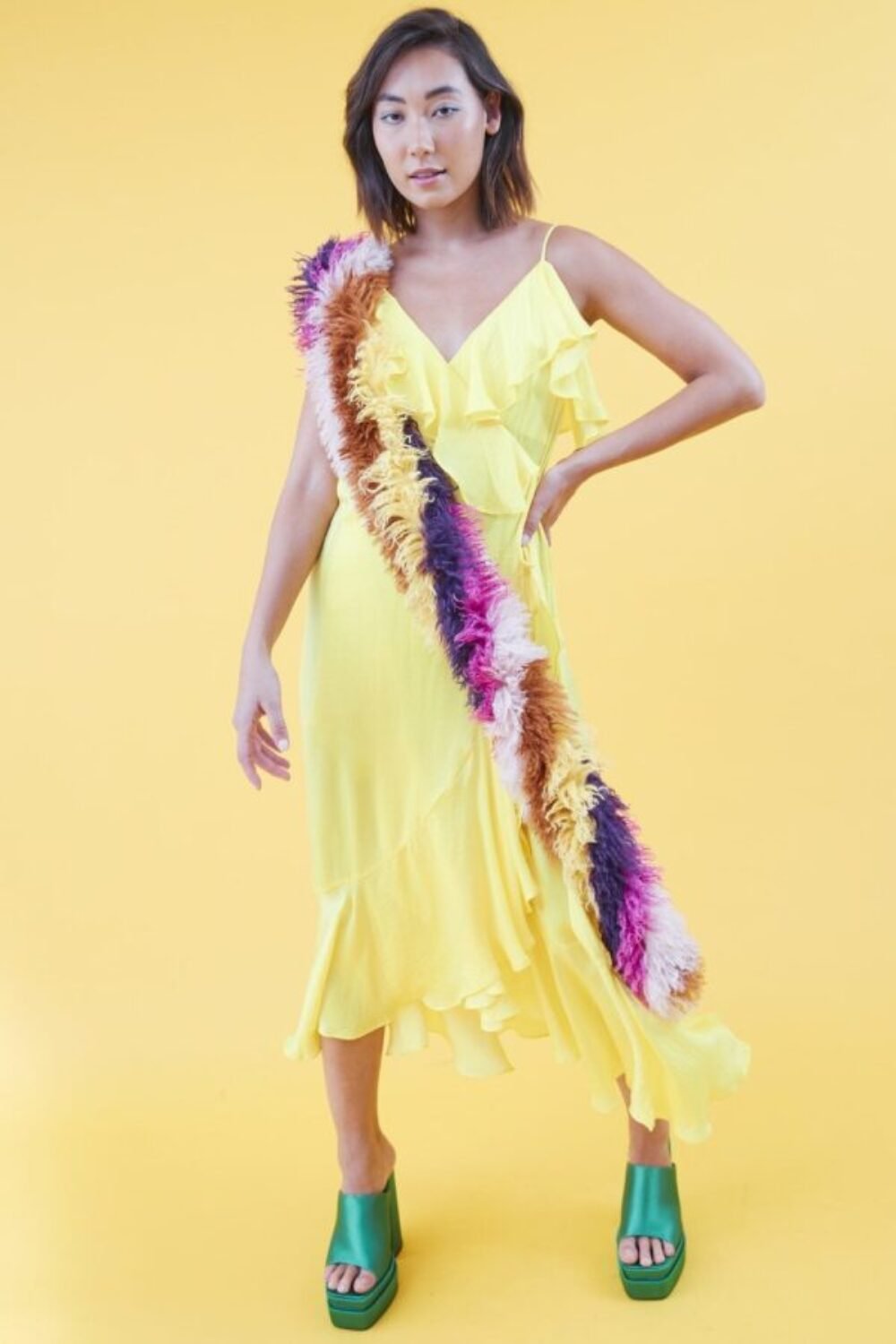 Shop Lux Yellow Silk Blend Maxi Ruffle Dress and women's luxury and designer clothes at www.lux-apparel.co.uk