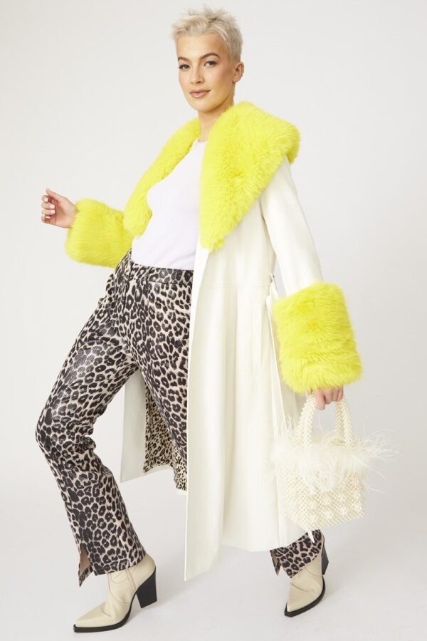 Shop Lux Yellow Trench Style Belted Coat with Faux Fur Cuffs and Collar and women's luxury and designer clothes at www.lux-apparel.co.uk