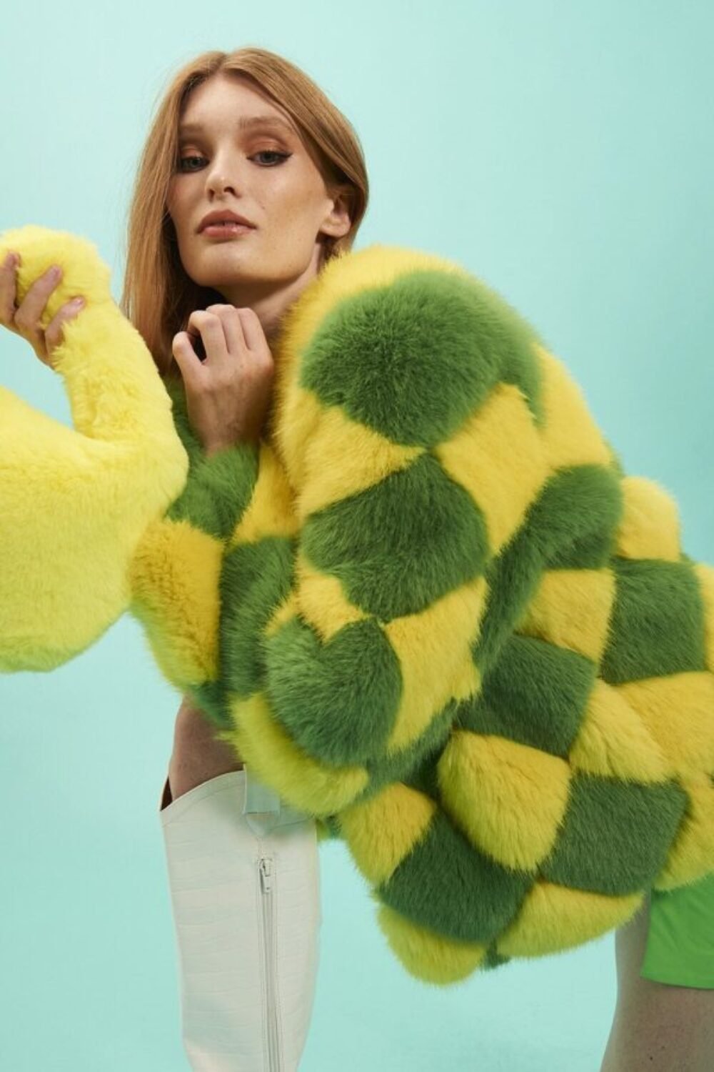 Shop Lux Yellow and Green Delilah Diamond Faux Fur Coat and women's luxury and designer clothes at www.lux-apparel.co.uk