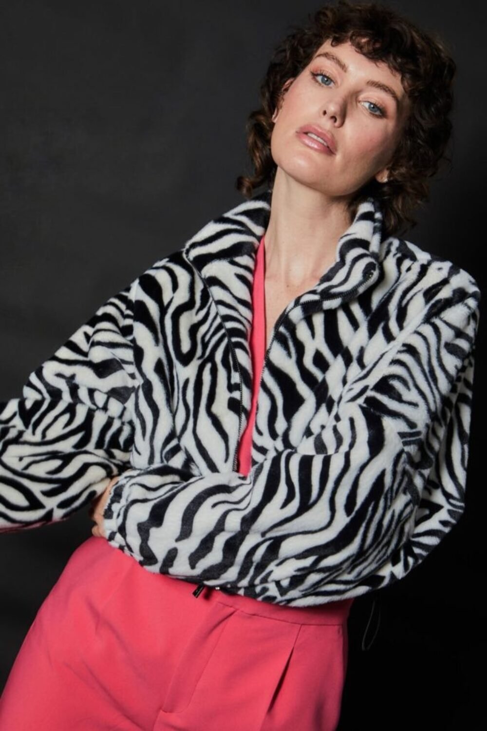 Shop Lux Zebra Print Faux Fur Cropped Bomber Jacket and women's luxury and designer clothes at www.lux-apparel.co.uk
