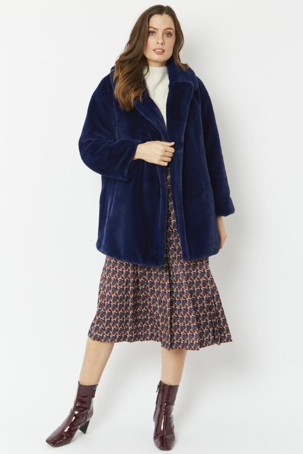 Shop Luxury Navy Faux Fur Midi Coat at www.lux-apparel.co.uk