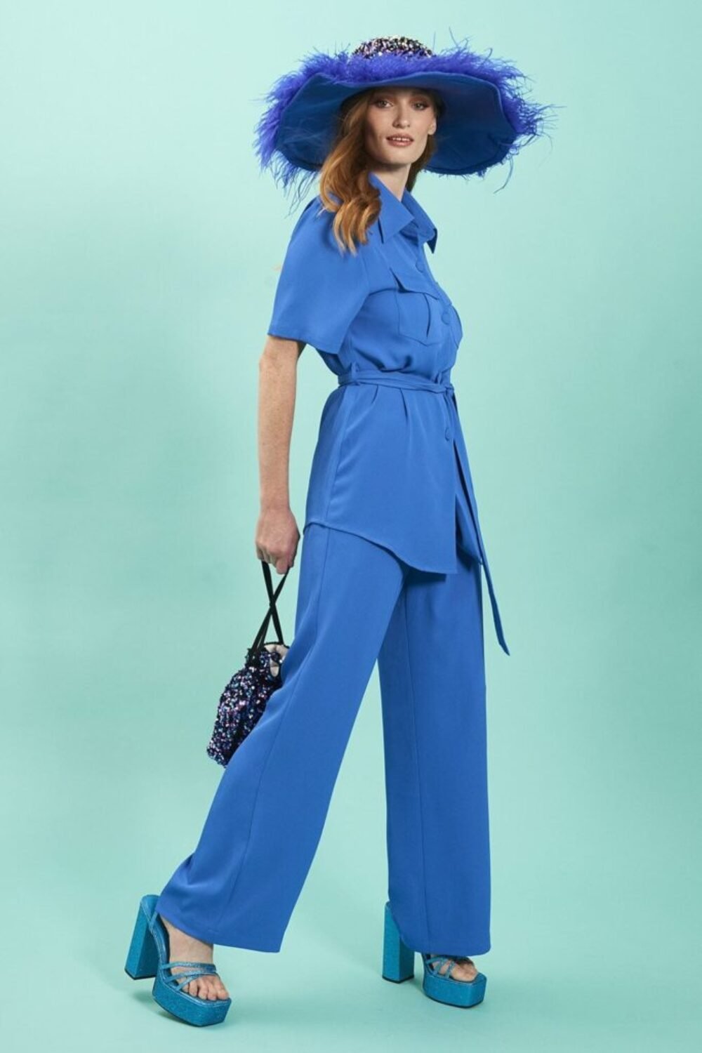 Shop Blue Wide Leg Trousers and women's luxury and designer clothes at www.lux-apparel.co.uk