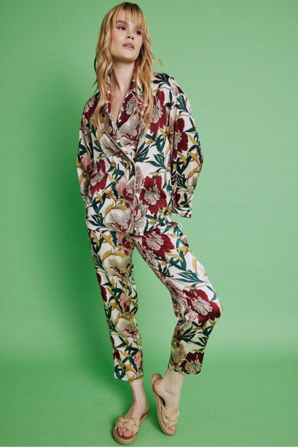 Shop Floral Silk Blend Botanical Hibiscus Print Trousers and women's luxury and designer clothes at www.lux-apparel.co.uk