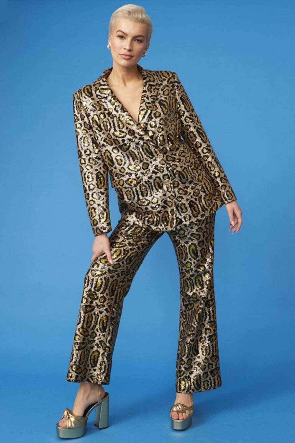 Shop Gold Animal Print Sequin Trousers and women's luxury and designer clothes at www.lux-apparel.co.uk