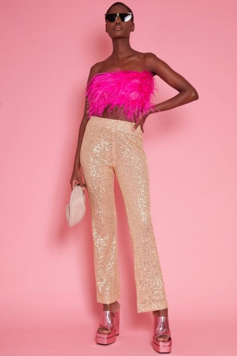 Shop Gold Lightweight Sequin Trousers and women's luxury and designer clothes at www.lux-apparel.co.uk