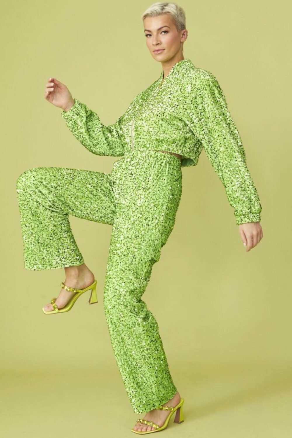 Shop Green Sequin Trousers with Elasticated Waist and women's luxury and designer clothes at www.lux-apparel.co.uk