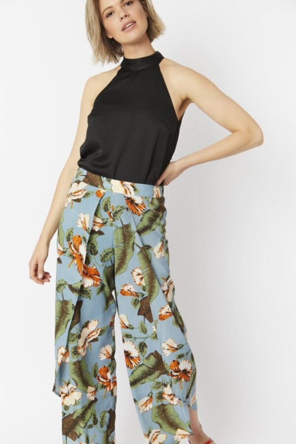 Shop Multi Silk Blend Tropical Open Front Wide Leg Trousers and women's luxury and designer clothes at www.lux-apparel.co.uk