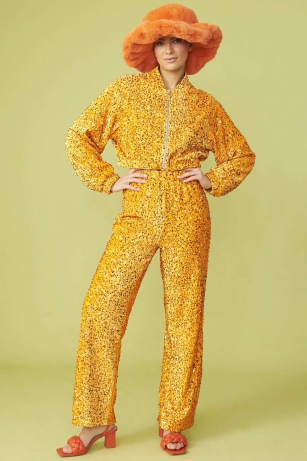 Shop Orange Sequin Trousers with Elasticated Waist and women's luxury and designer clothes at www.lux-apparel.co.uk