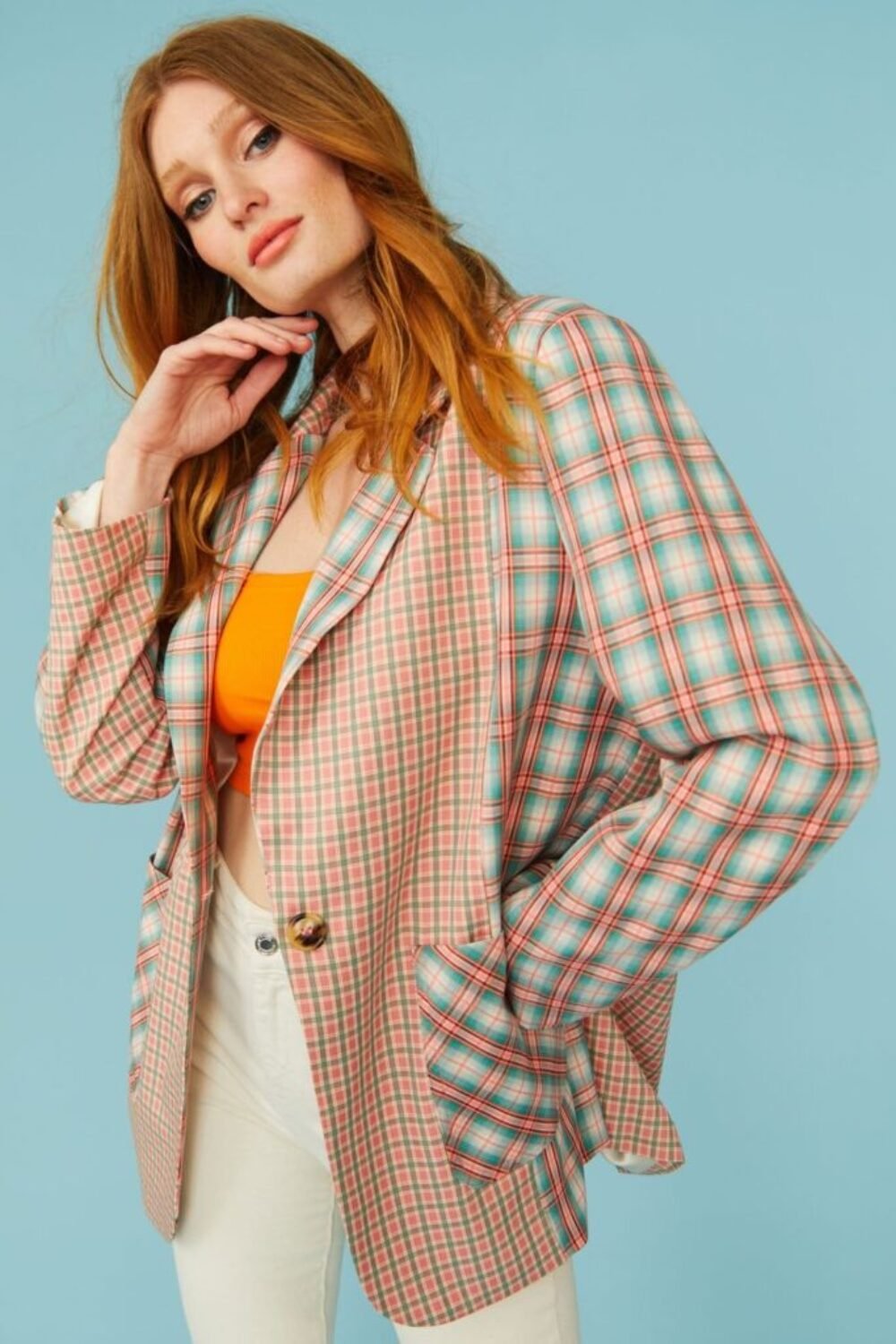 Shop Pink and Teal Check Blazer Jacket and women's luxury and designer clothes at www.lux-apparel.co.uk